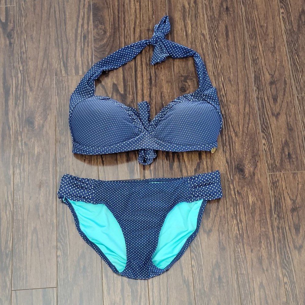 Azura Two Piece Halter Top Bikini BathingSuit Halter Tie Neck Navy Polka Dot Mix